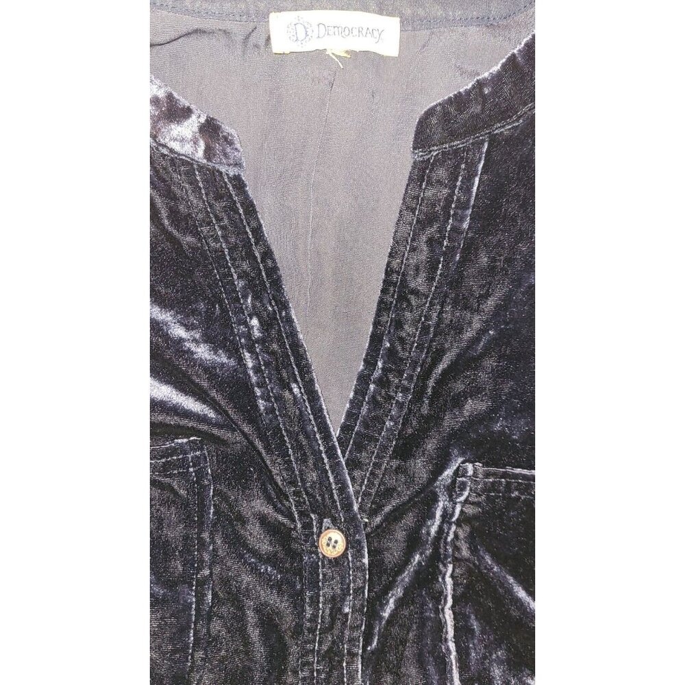 XL Democracy Crushed Blue Velvet Button Up Top Coat Tail Back Long Sleeve EUC - Picture 6 of 7